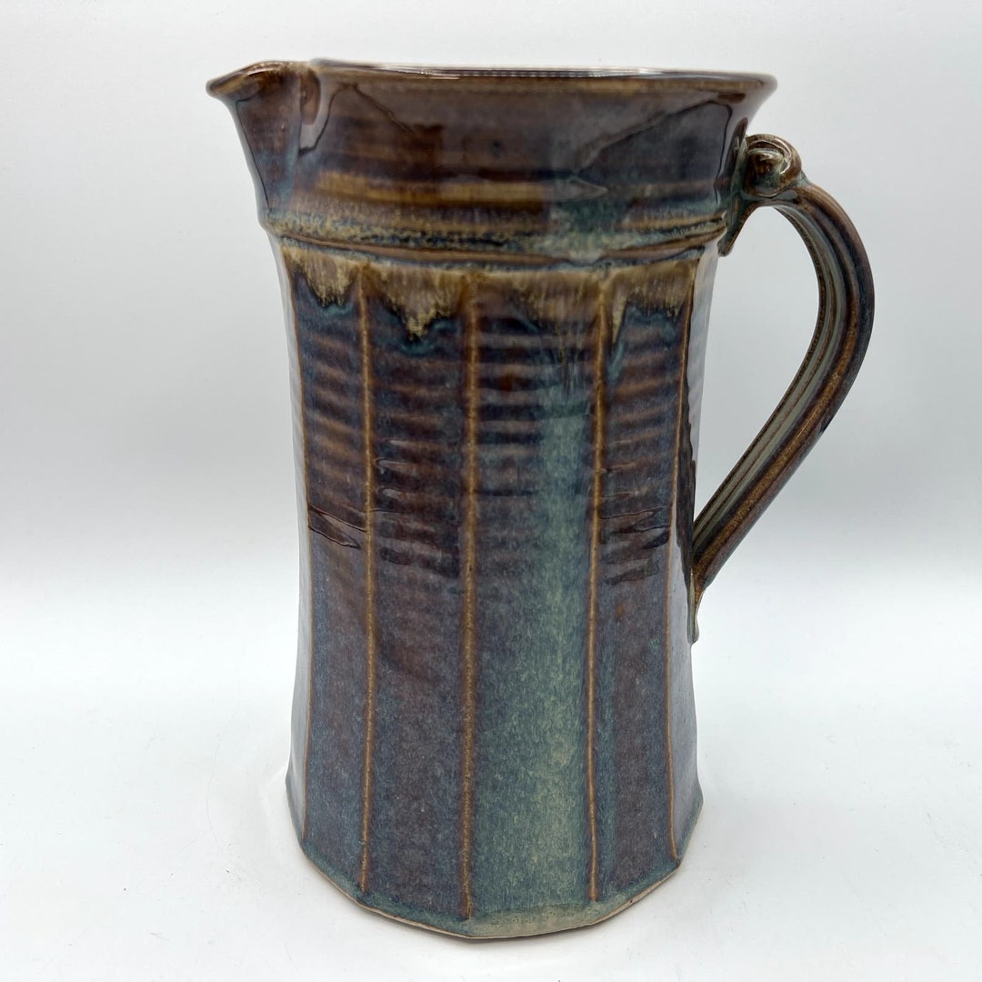 Large Art Pottery Blue Purple Drip Glaze Paneled Drink Water Pitcher ...