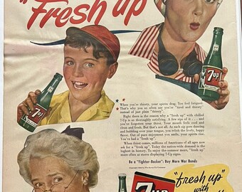 VTG des années 1940 7up Fresh Up Publicité imprimée trois générations Enfant Maman Grand-mère 11 x 14"