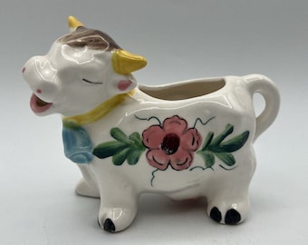 Vintage White Ceramic Cow Creamer Pink Flowers Hand Painted 4.5" Kitsch Japan