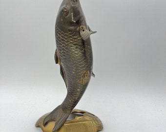 Vtg Brass Koi Fish Ikebana Vase with Base Statue Figurine Open Mouth 10.5" Gold