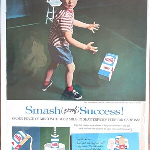 Publicité imprimée incassable en emballages de lait Pure-Pak vintage des années 1960 Cuisine pour enfants
