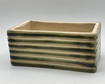 Small Rustic Green Ribbed Planter Handmade Rectangle 2x6" Studio Pottery