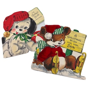 VTG Hallmark Cartes de Noël 1er fils découpées à l'emporte-pièce de bébé chiot floqué chien ours patinage