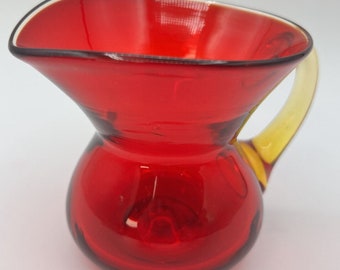 Vtg Hand Blown Amberina Art Glass Mini Pitcher 3.5” Red Yellow Glows 70’s MCM