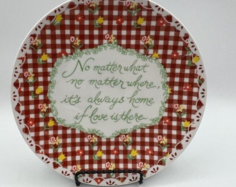 Assiette murale Vtg Home if Love is There 7" damier rouge jaune kitsch floral années 80