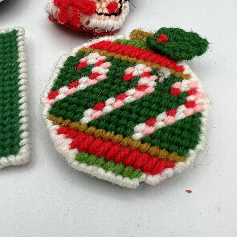 4 Vtg Plastic Canvas Needlepoint Christmas Ornaments Soldier Candy