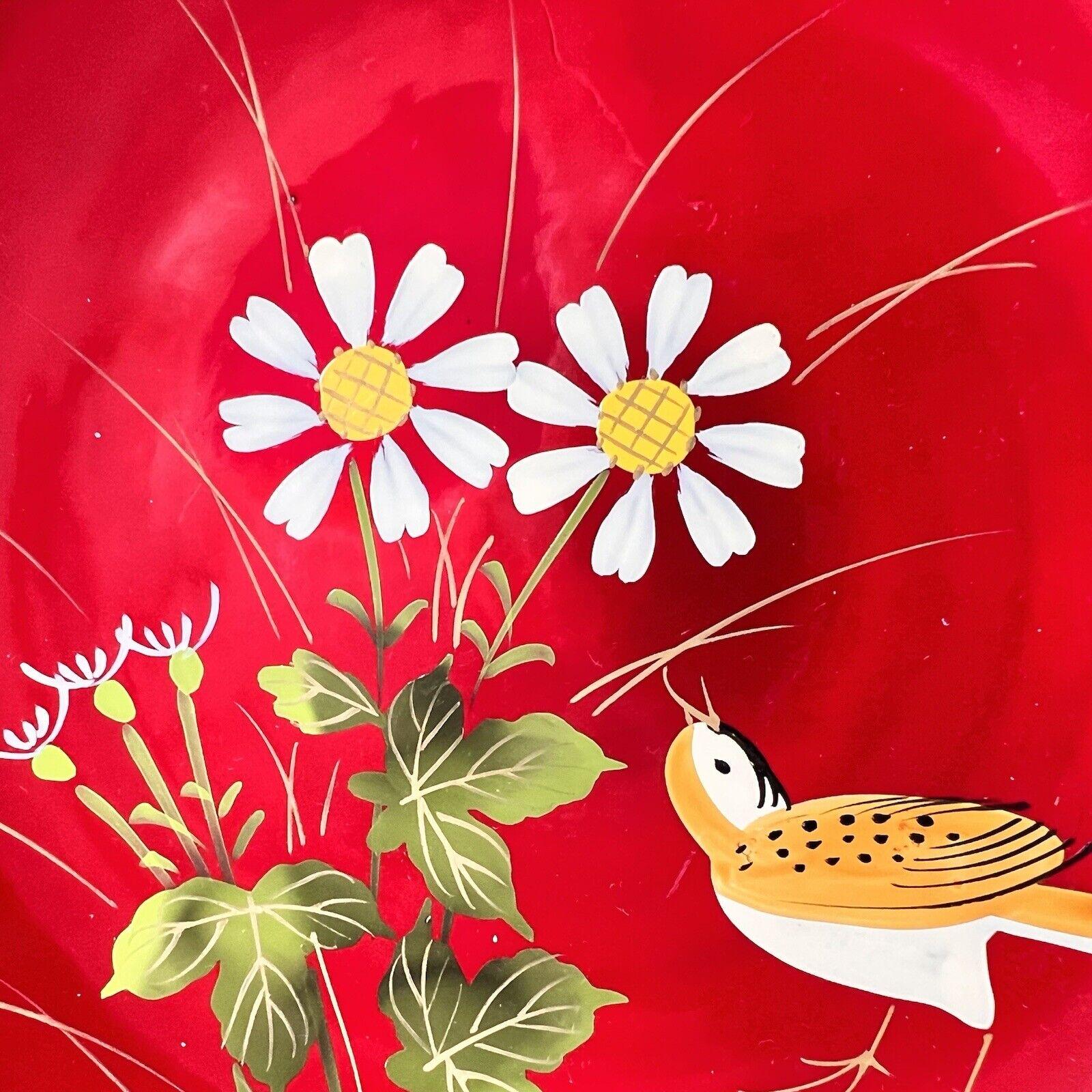 Set 2 Vtg Japanese Red Lacquer Ware Bowls Dish Bird Flowers Hand