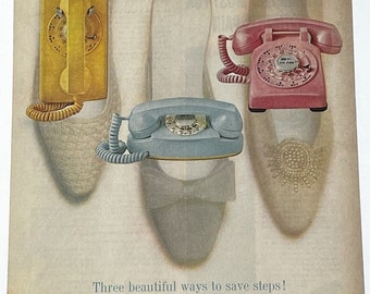 Vtg Bell Telephone Print Ad Retro Pastell Telefon 1960er Jahre Schuhe Mode Rosa