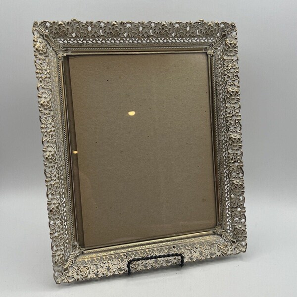 Vtg Ornate Gold White Metal Filigree 8x10 Hanging Photo Frame MCM Lace Floral