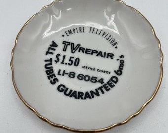 Vtg Television Repair Service Shop Advertising Trinket Pin Dish Porcelain 4" TV