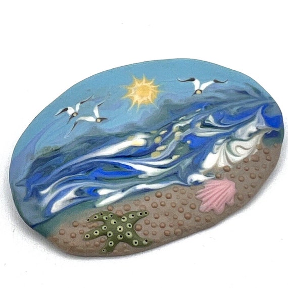 Handmade Studio Art Pottery Ocean Beach Scene Bro… - image 1