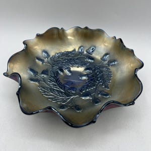 Antique Fenton Cobalt Blue Iridescent Carnival Glass Acorn Ruffled Bowl Dish 8&quot;