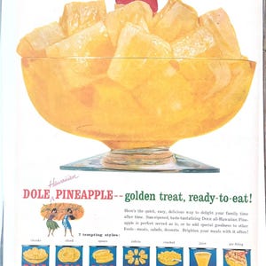 Vtg Dole Hawaiian Pineapple Print Ad Kitchen Fruit Dessert Yellow 1956 Summer