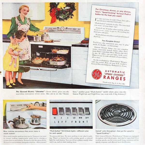 Vtg GE General Electric Range Oven Ad Yellow Green Retro Kitchen Cooking Stove