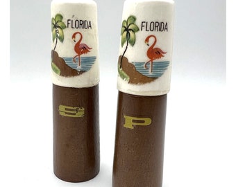 Vtg Florida Flamingo Wood Ceramic Salt Pepper Shakers Japan Kenmar MCM Souvenir