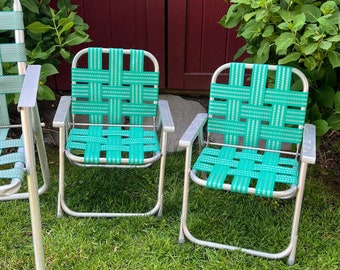 Set 2 Children’s Vintage Small Aluminum Webbed Lawn Chairs Folding Camping Green