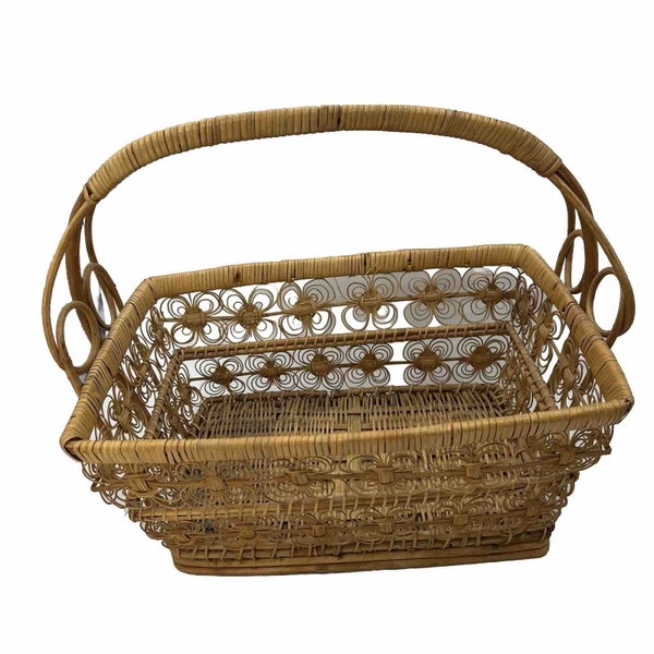 Large Vintage Rattan Scroll Woven Basket with Handle 14" Boho Storage Wicker