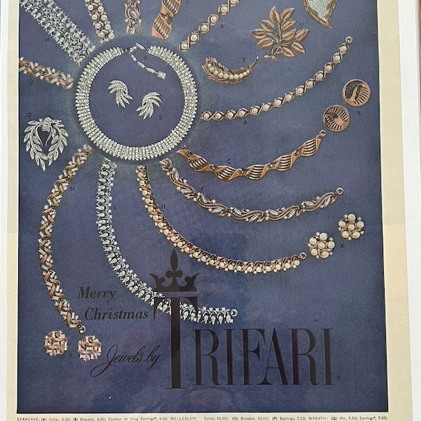 Vtg 1940s Blue Trifari Jewelry Print Ad 11x14" 1960s Gold Diamonds Pearls