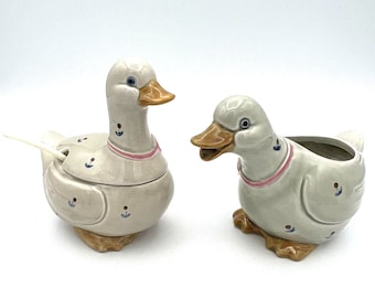 Vintage Otagiri Geese Cream & Sugar Set Blue Flowers Ceramic Japan 1980s 1990s