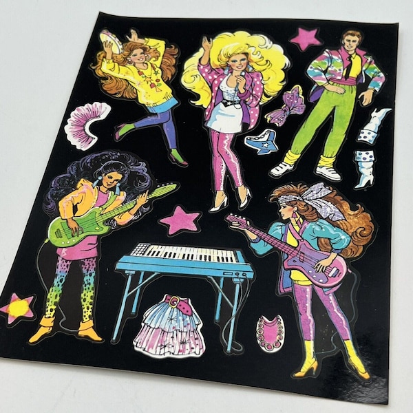 Vtg Barbie & Rockers Stickers Sheet Colorforms Window Clings 1980s Rock Cartoon