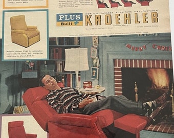 Fauteuil relax inclinable Vtg 1956 Kroehler imprimé publicité Mancave rouge bleu MCM