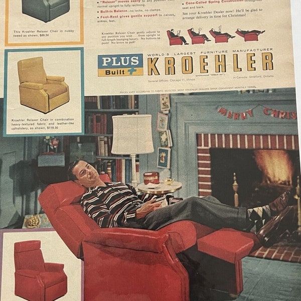 Vtg 1956 Kroehler Relaxer Recliner Chair Print Ad Mancave Red Blue MCM