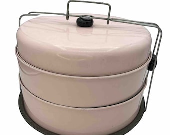 Vtg 1950s Pink Enamel Double 10" Pie Cake Carrier Box Handle Retro Rockabilly