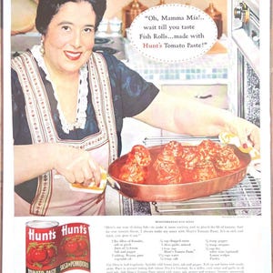 Vtg Print Ad Hunts Almôndegas de pasta de tomate Cozinha italiana Cozinha Mãe