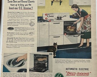 Vtg 1950er Jahre GE Automatic Electric Range Astroliner Oven Print Ad Retro Kitchen Cat