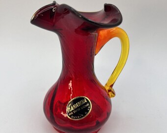 Vtg Kanawha Amberina Art Glass Mini Pitcher 5.5” Red Yellow Glows 70’s MCM