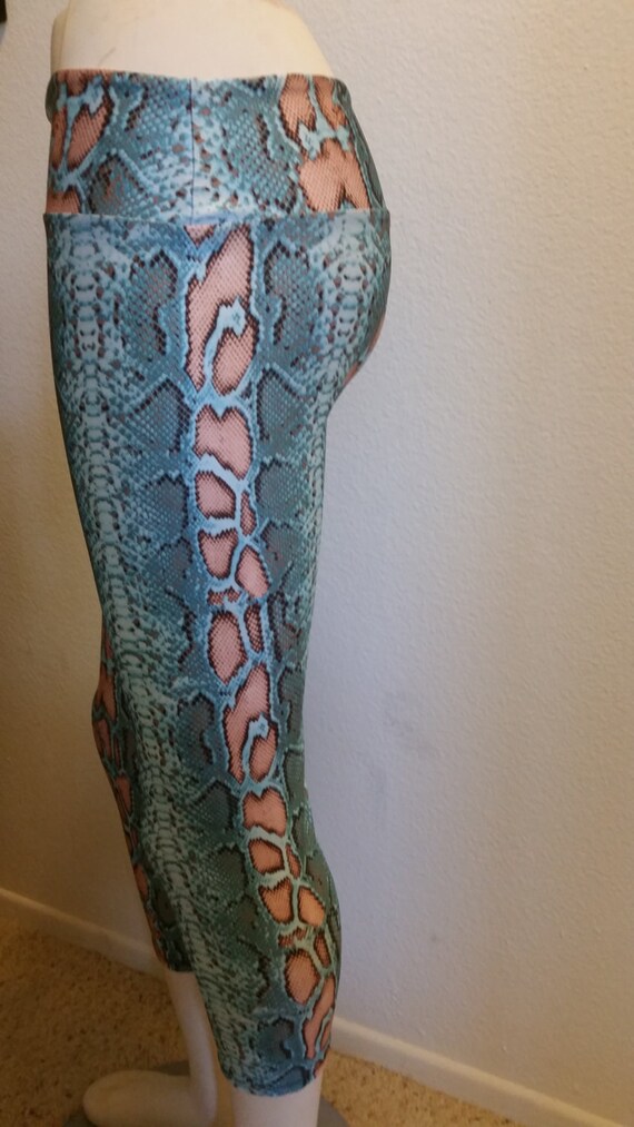 Women's Leggins Turquoise Snake Skin print in 4 way stretch with moisture wicking