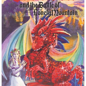 Puede incluir: Una pintura de acuarela de un dragón rojo con una mujer con un vestido blanco de pie junto a él. El dragón tiene un ala de color arcoíris y el texto "Crimson and the Battle of Lonely Mountain" está escrito sobre el dragón.