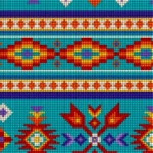 May include: A turquoise, red, orange, and white geometric pattern with a southwestern design. The pattern is repeated across the fabric.
