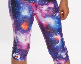 Women's capri pants spandex nylon legging elastic waist in Galaxy Mommy and Me matching prints