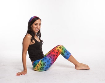 Leggings women spandex nylon capri legging elastic waist in rainbow peace Mommy and Me matching prints