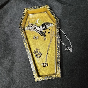 Enchanted Coffin Jewelry Box with Bat, Moon & Stars – Celestial Black Gold Tray | Magical Ring and  Necklace Holder | Witchy Gothic Display