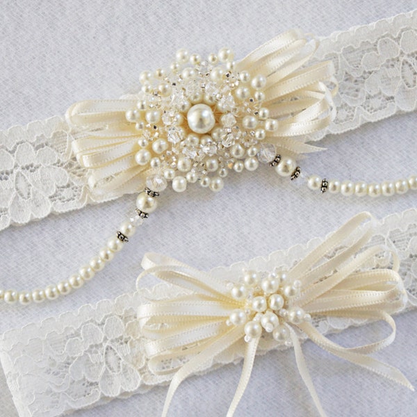 IVORY SNOW FLOWER wedding garter set, customizable, bridal garter, crystal and pearl garter, keepsake and toss garter, lace garter