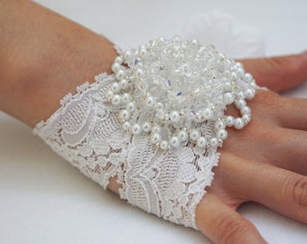 SWAROVSKI beaded bridal bracelet, pearl and crystal wedding bracelet, statement bracelet, stretch lace bracelet, beaded crystal flower