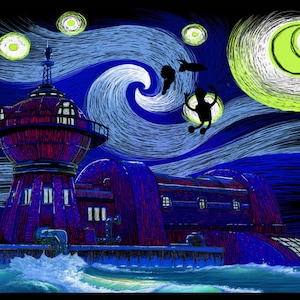 Puede incluir: Una ilustraci&oacute;n estilizada de un edificio con una gran torre redonda, sobre un fondo de cielo nocturno azul y verde con una luna creciente y estrellas. El edificio es de color morado oscuro con algunas ventanas y una tuber&iacute;a de metal que se extiende desde el lateral. El cielo est&aacute; pintado en un estilo que recuerda a la "Noche estrellada" de Vincent van Gogh.