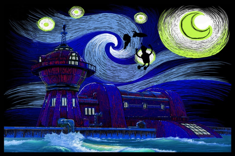Puede incluir: Una ilustraci&oacute;n estilizada de un edificio con una gran torre redonda, sobre un fondo de cielo nocturno azul y verde con una luna creciente y estrellas. El edificio es de color morado oscuro con algunas ventanas y una tuber&iacute;a de metal que se extiende desde el lateral. El cielo est&aacute; pintado en un estilo que recuerda a la "Noche estrellada" de Vincent van Gogh.