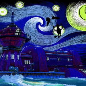 Puede incluir: Una ilustraci&oacute;n estilizada de un edificio con una gran c&uacute;pula redonda en la parte superior, sobre un cielo nocturno azul y verde con una luna creciente y estrellas. El edificio es azul oscuro y morado con una c&uacute;pula roja. El cielo est&aacute; pintado en un estilo que recuerda a la "Noche estrellada" de Vincent van Gogh.