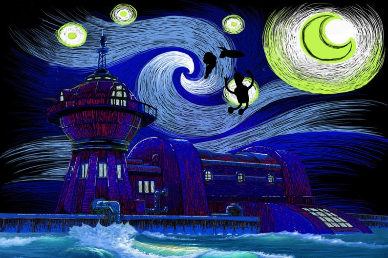 Puede incluir: Una ilustraci&oacute;n estilizada de un edificio con una gran c&uacute;pula redonda en la parte superior, sobre un cielo nocturno azul y verde con una luna creciente y estrellas. El edificio es azul oscuro y morado con una c&uacute;pula roja. El cielo est&aacute; pintado en un estilo que recuerda a la "Noche estrellada" de Vincent van Gogh.