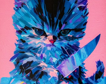 Kevin, el gatito asesino: estampado de gato rosa y azul / Lindo, espeluznante y totalmente ilógico