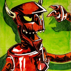 May include: A red robot with horns and a sharp, toothy mouth. The robot has a single, large, yellow eye and is drawn in a cartoon style.