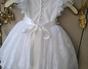 white baptism dress size 1T" Grace' with cap sleeves, chantilly lace  skirt with bows or rhinestone sash, baptism dress, made in TX USA