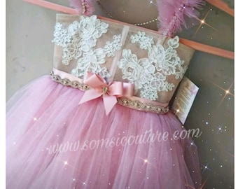 Stunning 'Angelique' flower girl dress, French lace, tan netting, tea length  pink tulle skirt, sash, fairy dress, made in USA