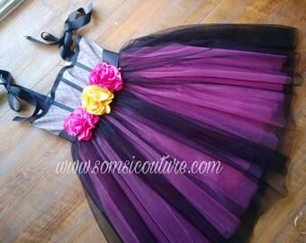 Black nude top with puffy black tulle and pink skirt "STELLA",special occasion dress , birthday, photoshoot, flower girl dress made in USA