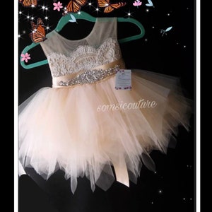 flower girl dress 'Bianca' with rhinestone sash, tan sheer netting, French lace, champagne  tulle skirt, birthday dress