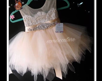 flower girl dress 'Bianca' with rhinestone sash, tan sheer netting, French lace, champagne  tulle skirt, birthday dress