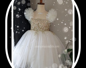 Sophisticated, chic and glamorous sparkly gold/ ivory " Eternity" special occasion dress, birthday dress, flower girl dress made in USA